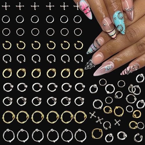 100Pcs Goth Nail Charms 3D Punk Nail Rhinestones Gold Silver Black Metal Nail Gems Y2K Nail Art Charms Alloy Piercing Grunge Accessories Gothic Nail Supplies for Women Manicure DIY Decoration - Image 1