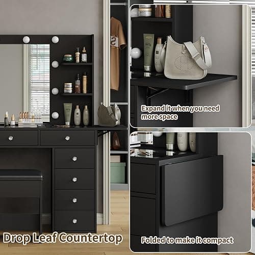 11 Dawers Vanity Desk, Makeup Vanity with Power Outlet, Glass Top Vanity with Mirror and Lights, 3 Colors Adjustable, Vanity Set with 4 Shelves and Fold-up Panel, Vanity with Chair for Bedroom, Black thumbnail 8