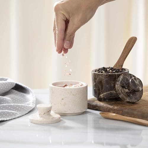 Brown Marble Salt Cellar with Lid (3.5oz) - Scratch-resistant & Easy-to-Clean Salt Containers for Countertop - Elegant & Versatile Marble Jar to Store Salt, Sugar & Dry Spices - Compact Salt Dispenser thumbnail 2