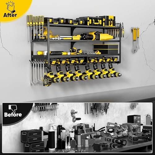 POKIPO Large Power Tool Organizer Wall Mount,4 Layers Heavy Duty Metal Loads 400lbs,Power Tool Shelf Battery Storage with 8 Cordless Drill Holder,Utility Racks for Garage Workshop thumbnail 6