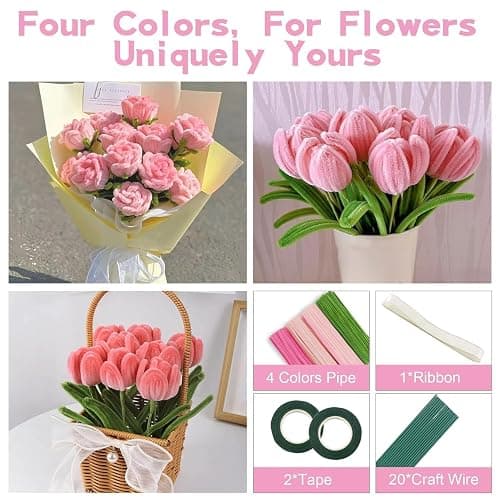400 Pcs Pipe Cleaners Craft,4 Assorted Colors Pipe Cleaners Bulk, Chenille Stems for DIY Flower Making Kit with Floral Wires, Gardening Tape,Stamen& Ribbon (Pink) thumbnail 7