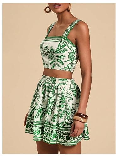 Floerns Women's Two Piece Outfit Tropical Crop Cami Top and Summer Skirts Set thumbnail 5