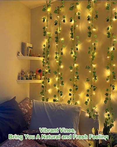 Dalugo Ivy Battery Fairy Lights, 2M 20LED Warm White Battery Operated Vine Fairy Lights with 6h Timer, IP65 Waterproof Artificial Ivy Leaf Garland with String Lights for Garden,Wedding,Home Wall Decor thumbnail 4
