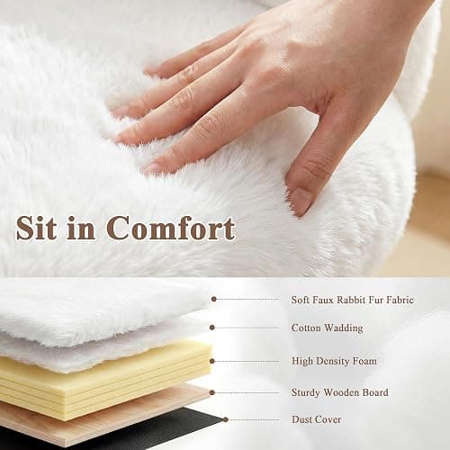 Homkdom Vanity Chair with Round Hollow Back & Arms,Height Adjustable | Faux Rabbit Fur, Swivel Cute Makeup Chair, Padded Seat, for Bedroom Dorm, Rolling Casters,White thumbnail 3