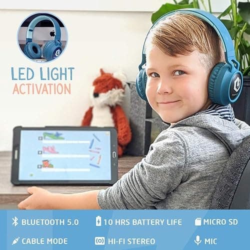 Headphones for Kids, PowerLocus Bluetooth Headphones, Kid Headphone Over-Ear with LED Lights, Foldable Headphones with Microphone,Volume Limited, Wireless and Wired Headphone for Phones,Tablets,PC,TV thumbnail 2