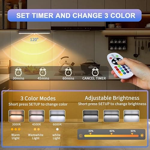 Under Cabinet Lighting, Under Counter Lights for Kitchen 5 Packs 48 LED 15 Color Temps Dimmable Battery Operated RGB Lights with Remote Wireless Closet Lights for Bedroom Wardrobe Stair thumbnail 2