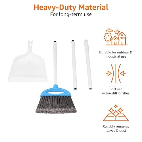 Amazon Basics Dustpan Broom Set with Adjustable Long Handle, Easy to Assemble, Blue and White thumbnail 5