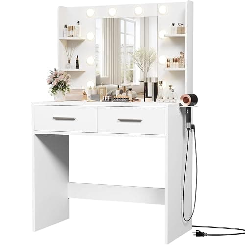 Furmax Make up Vanity Desk with Mirror and Power Outlet, Vanity with 3 Color Light Options Adjustable Brightness,Vanity Desk with 2 Drawers, 6 Storage Shelves (White, No Bench) - Image 1