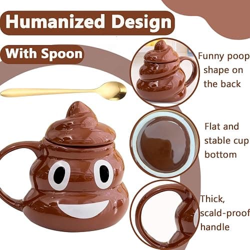 Funny Poop Coffee Mug with Spoon, Ceramic Coffee Cup with Lid and Handle, 400ML Unique Mug for Men, Women, Gifts, Tea, Office Daily Drinking and Friends(Style A) thumbnail 3