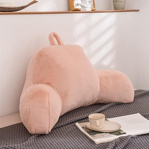 A Nice Night Faux Fur Soft Reading Pillow Bed Wedge Adult Backrest with Arms Back Support for Sitting Up in Bed/Couch for Bedrest,Pink,Large thumbnail 3