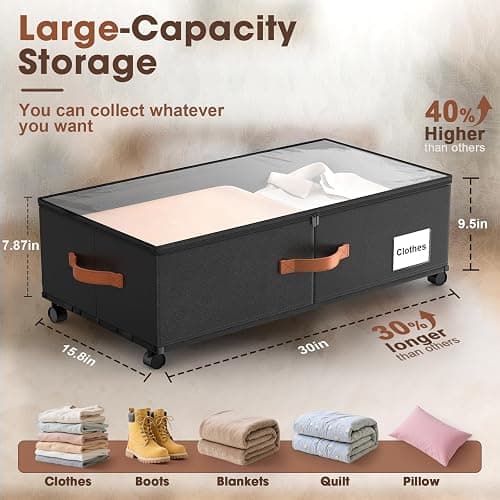 Eastherry Under Bed Storage Containers with Wheels, 9.5 inches Higher Underbed Shoes Blankets Clothes Toy Storage Drawers for College Dorms Bedrooms Nursery Rooms Organization, 2 Pack to be Assembled thumbnail 2