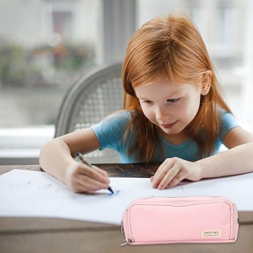 Pencil Case Pink, Pen Case for Adult with Double Zippers Closure, Stationery Supplies Cute Pen Pouch with Compartments for Middle High School Student Kids Boy Girl Teen Adult (Pink) thumbnail 6
