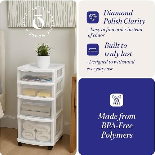 HOMZ Drawer Tower, 4-Tier Clear Plastic Storage Organizer Cart, White Frame – Rolling Containers with Wheels for Bathroom, Bedroom, Office, and Classroom Organization thumbnail 5