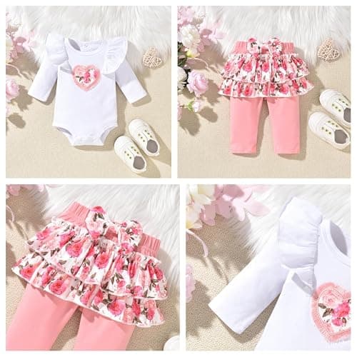 fioukiay Newborn Baby Girl Clothes Infant Girls Floral Love Printed Romper and Ruffle Pants Sets 4pcs Winter Fall Outfits thumbnail 5