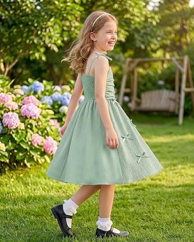 JiAmy Girls Spaghetti Strap Dress Kids Summer Bowknot Smocked Tiered Swing Dresses Casual Elegant Sundress for Girl 5-13 Years thumbnail 3