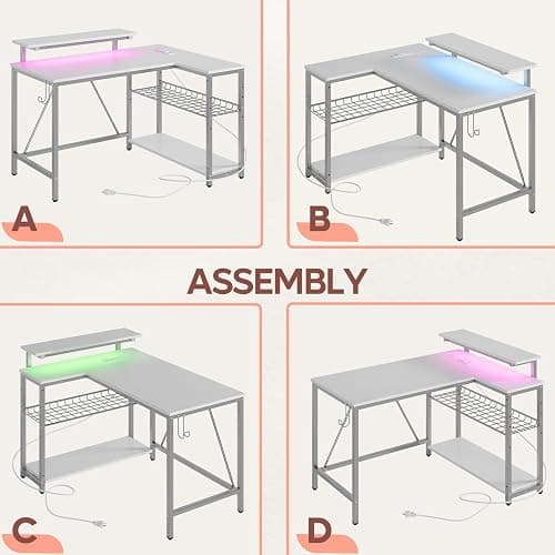 Bestier White Computer Desk with Charging Port & LED Strip,42 inch Modern Gaming Desk with Reversible Storage Shelves,Small L Shaped Desk with Hooks for Home Office - 42 Inch - White Carbon Fiber thumbnail 7