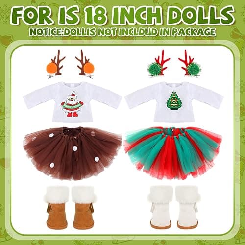Kajaia 8 Pcs Christmas 18 Inch Doll Clothes and Accessories Dress Skirt Shoes Outfit with Santa Claus Deer Hairpin Outfit Christmas Themed Accessories for 18 Inch Doll thumbnail 6