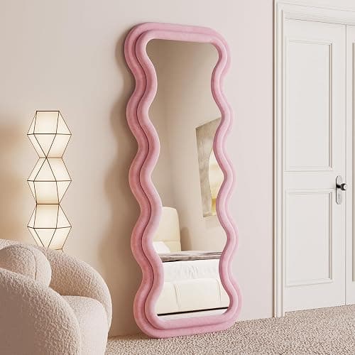 BOJOY Full Length Wavy Mirror, 63"x24", Arched Floor & Wall Mirror - Standing, Hanging or Leaning - Flannel Wrapped Wooden Frame - Pink - Image 1