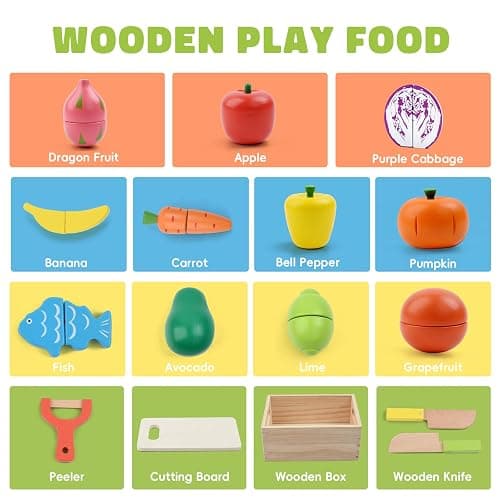 Wooden Play Food Sets for Kids Kitchen, Velcro Fruits & Veggies Cutting Set | Fake Food Play Kitchen Accessories, Learning Pretend Play for Toddlers 3-5 Boys Girls thumbnail 5