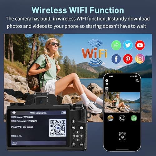 8K Digital Camera for Photography, WiFi & 4" Touch Screen Vlogging Camera for YouTube with Dual-Lens, 64MP Vlog Cameras 16X Digital Zoom with 32GB TF Card, 3000mAh Battery, Lens Hood, Black thumbnail 4