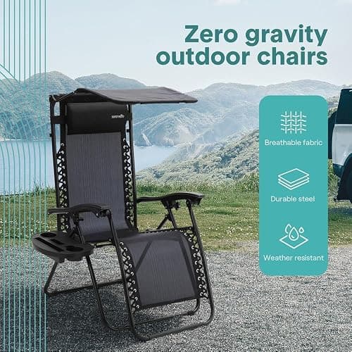 Zero Gravity Lounge Chair, Adjustable Steel Mesh Recliners, with Canopy, Removable Pillows and Cup Holder Side Tables, Set of 2, Black thumbnail 4