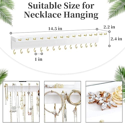 YYILIS Necklace Holder, Upgraded Extra Large Wall Necklace Organizer with 30 Hooks Wall Mounted Necklace Hanger with Jewelry Tray/Cosmetics Shelf Rustic Pine Wood Holder (White) thumbnail 3