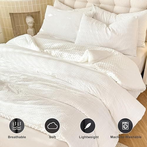 tohrisa Boho Comforter Set Queen Size Striped Pleats Bohemian Seersucker Bedding Set All Season Soft Cozy 3 Pieces Quilt with 2 Pillowcases(90"X90" White) thumbnail 4