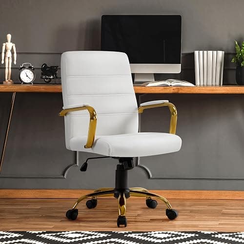 Yaheetech Faux Leather Office Chair Mid-Back Computer Desk Chair w/Lumbar Support Swivel Chair w/Gold Leg White Seat for Home thumbnail 9