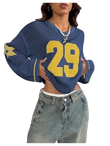 QJQ Women's Oversized Jersey Shirts Long Sleeve V Neck Crochet Knit Sweater Tops Hollow Out Graphic Pullover - Image 1
