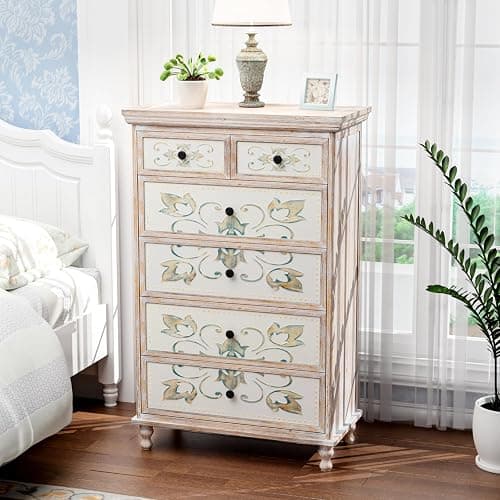 VINGLI Dresser Wood Chest of Drawers for Bedroom, Tall Dresser, Boho Dresser 6 Drawer Chest, Wooden Dresser with Drawers and Solid Wood Legs, Rustic Dresser, Washed White - 15"D x 29.9"W x 46.5"H (6 Drawers) - Washed White - Image 1