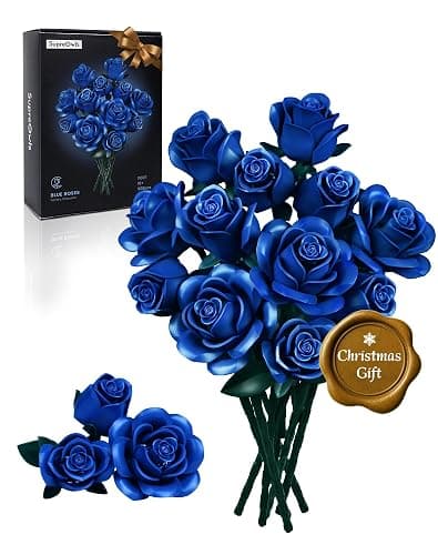 iATOM Blue Rose Bouquet Building Set, Gift for Christmas, Artificial Flowers Botanical Collection for Adults - Gothic Home Office Table Centerpiece Retro Decor - IA11007 - Image 1