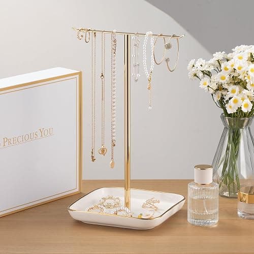 Jewelry Holder Stand with Ceramic Base: 12" Tall Necklace Organizer Rack, Tree Design Display Storage for Necklaces, Bracelets, Rings, Earrings, Aesthetic Room Décor for Girls and Women, Gold thumbnail 8