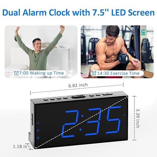 Roxicosly Alarm Clocks for Bedrooms, Digital Clock with 7.5''Large LED Display, Dual Alarms, USB Charging Port, 5 Brightness, 5 Volume, Big Snooze, 12/24H&DST, Battery Backup, AC Powered Alarm Clock thumbnail 2