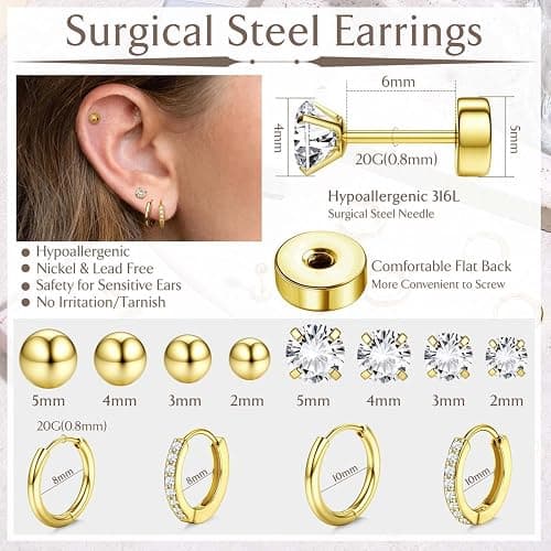 Jstyle Hypoallergenic 14K Gold Plated Flat Back Earrings for Women Men Surgical Stainless Steel Earrings for Sensitive Ears Small Stud Hoop Cartilage Earring Stack Set for Multiple Piercing Jewelry thumbnail 5