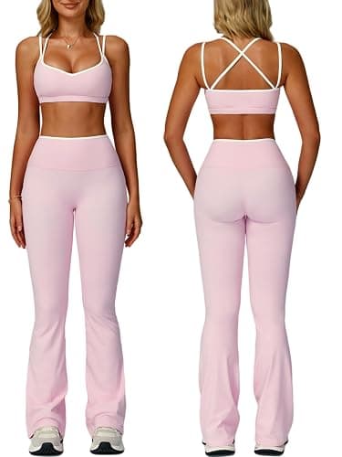 ABOCIW Workout Sets for Women 2 Piece Color Block Strappy Sports Bra High Waist Flare Leggings Gym Yoga Pilates Outfits - Image 1