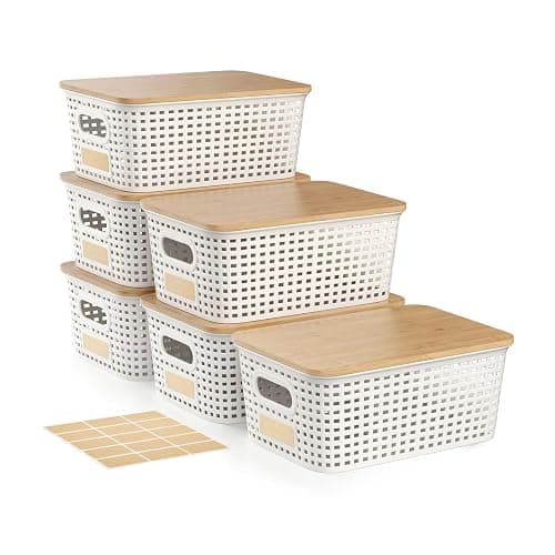 Plastic Storage Bins with Bamboo Lid - Plastic Storage Baskets with Lid - Stackable Container with Lable for Organizing: Small Storage Box for Shelves Office Cabinet Drawer ,10x7.2x4 In - White 6 Pcs - Image 1