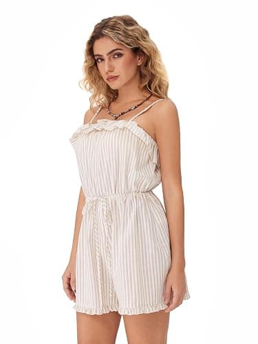 CIDER Womens Casual Rompers Sleeveless Ruffle Drawstring Striped Overall Shorts thumbnail 4