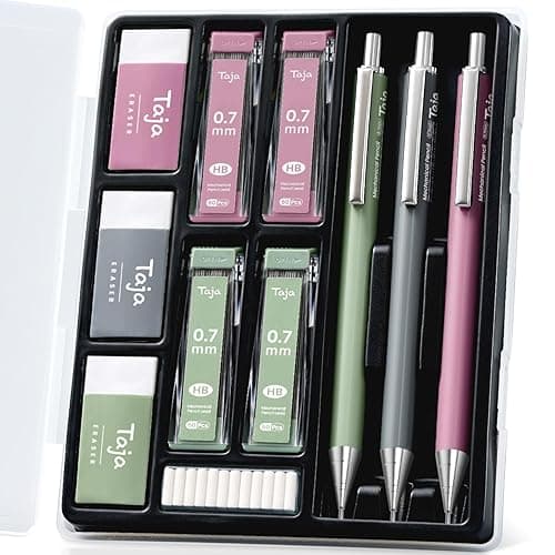 Aesthetic 0.7mm Mechanical Pencil Set with Case – 3 Vintage Mechanical Pencils, 4 Tubes HB #2 Lead Refills, 3 Erasers & 12 Eraser Refills, Cute Pencil Kit for Back to School Stationery Supplies - Image 1