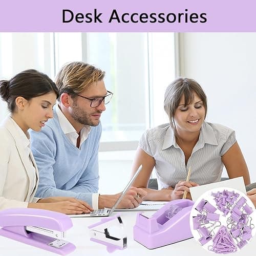 suniya Office Supplies,Desk Accessories,Tape Holder,Stapler,Scissor,Staple Remover,Box of Binder Clips,Staples,Ballpoint Pen,Lndex Tabs,Clear Tape,Office Supplies Set(Purple) thumbnail 2