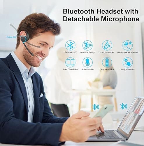 iDIGMALL Bluetooth Headset with Detachable Microphone, Multi-Point Wireless Headset w/DSP Noise Canceling Mic for Phone PC Laptop, Comfort & Light Open Ear headphones for Office Meeting Home Work, 12H thumbnail 2