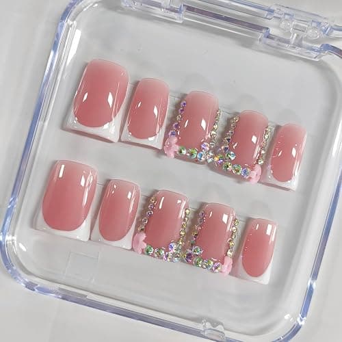 Handmade Press on Nails Short Duck White French Tip Thick Acrylic Fake Nails 3D Floral False Nails with Rhinestones Pink Flower Designs Elegant Sturdy Nail Art Press on Nails 10Pcs(S) thumbnail 3