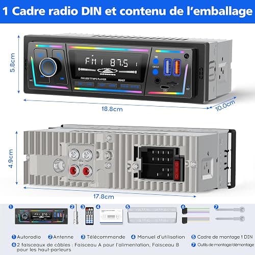 Autoradio Bluetooth RDS avec Port de Charge Type-C, Multi-éclairage Mode Lecteur,FM/AM 1DIN Autoradio 2 USB/MP3/AUX/carte SD/Réglages Audio DSP/EQ thumbnail 9