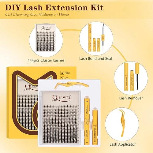 QUEWEL Lash Cluster Kit, 144pcs Cluster Lashes with Strong Hold Lash Bond and Seal Waterproof, Lashes tweezers and 5ml Eyelash Remover Easy to Use for DIY Eyelash Extensions at Home (BaBi Kit Style B) thumbnail 2