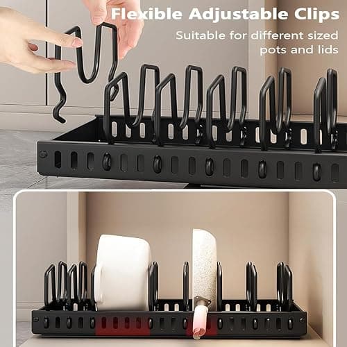 AmoiChic 2 Pack Pull Out Cabinet Organizer for Pots and Pans, Black Storage Rack with 8 Adjustable Dividers, Kitchen Cabinet Organizer for Pot Lids, Bakeware, Dishes Storage thumbnail 5