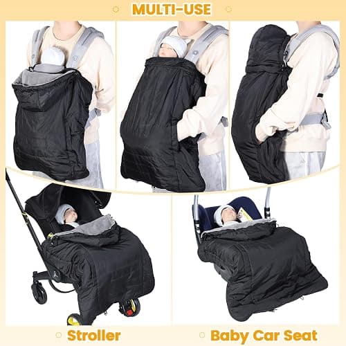Orzbow Winter Baby Carrier Cover with Detachable Hood, Waterproof & Windproof, Universal for Baby Carriers and Baby Waist Stool, Baby Bunting Bag for Car Seats and Strollers with Storage Bag, Black thumbnail 4