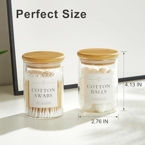 INIUNIK 3 Pack Qtip Holder Dispenser - Glass Apothecary Jars with Lids, Cotton Ball Pad Swab Round Holder, Bamboo Bathroom Accessories, Bathroom Organizers Containers Jars Canisters with Lids thumbnail 3