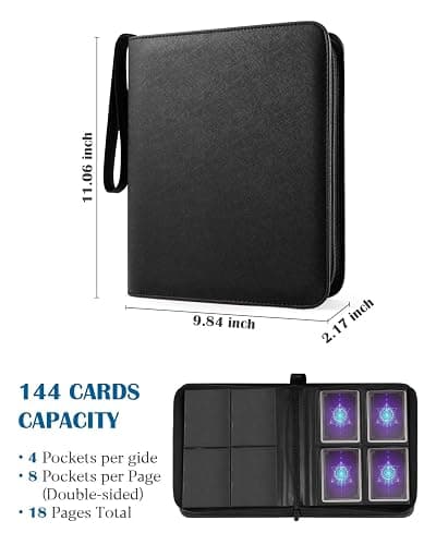 WisOffice Top Loader Binder 4 Pocket for 144 Toploaders with Zipper Closure | Fits 3" x 4'' Rigid Card, Premium PU Leather, Side Loading, Ringless 2x2 Card Binder for MTG/TCG/Sports/Games, Gift, Black thumbnail 3