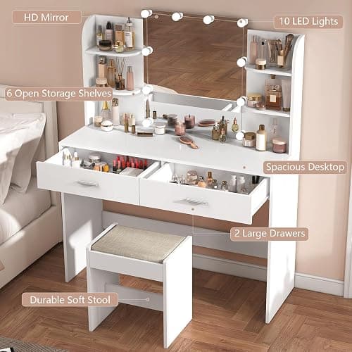 usikey Vanity Desk with Mirror and Lights, Makeup Vanity Set with 2 Drawers and Open Shelves, Makeup Vanity Desk Dressing Table with Cushioned Stool and 10 LED Lights, White thumbnail 5