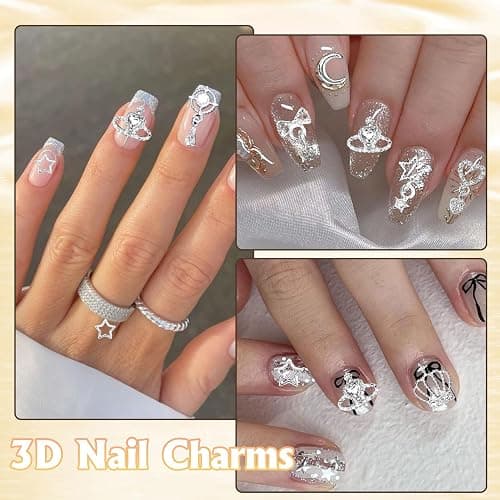 100 Pcs Silver Nail Charms and Gems, Silver Dangle Star Bows Nail Gems Charms, Metal Crown Heart Butterfly Charms for Acrylic Nail Art Alloy Cross Nail Charms for Women DIY Accessories thumbnail 6