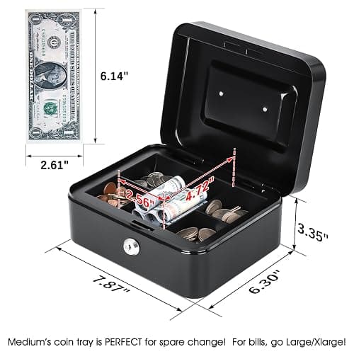 KYODOLED Medium Cash Box with Removable Money Tray, Key Lock Metal Storage Box with 2 Keys & Portable Handle, Safe Cash Drawer, 7.87"x 6.30"x 3.54", Black thumbnail 3
